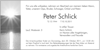 Traueranzeige von Peter Schlick von Pegnitz-Zeitung